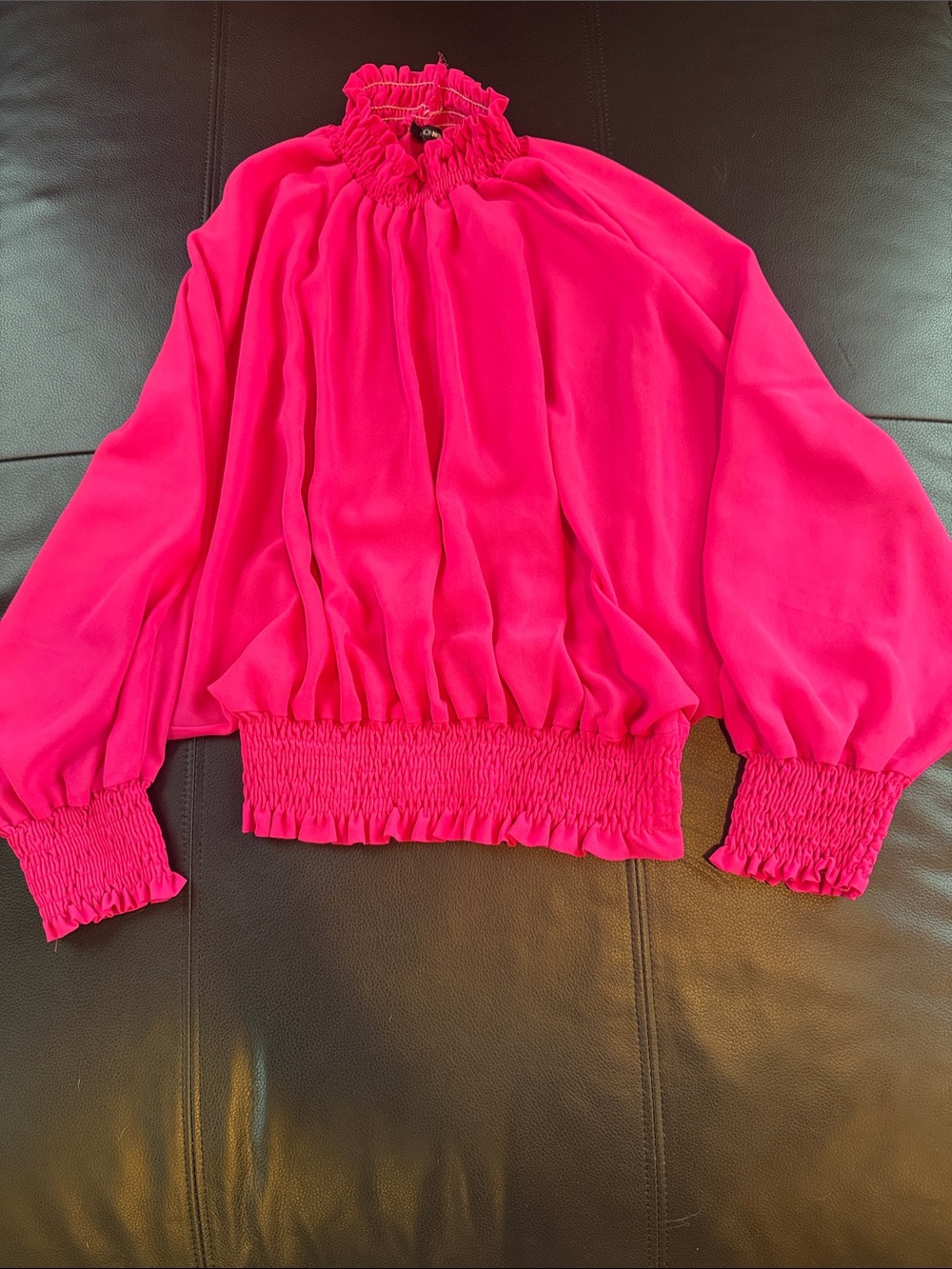 Fashion Jewelry Hot Pink Smocked Neck & Cuff Long Sleeve Blouse